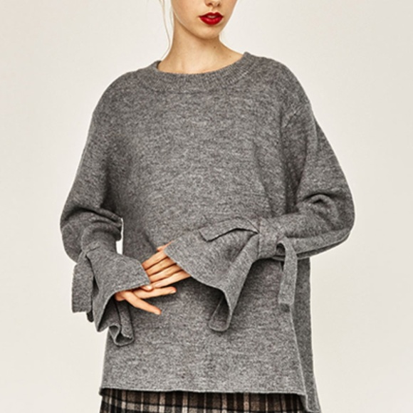 Zara Gray Tie Sleeves Crewneck Sweater 
